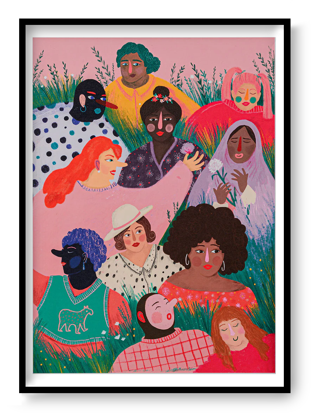 Girl Power art print by Louise de Meester featuring a colorful group of women celebrating diversity, friendship, and confidence.