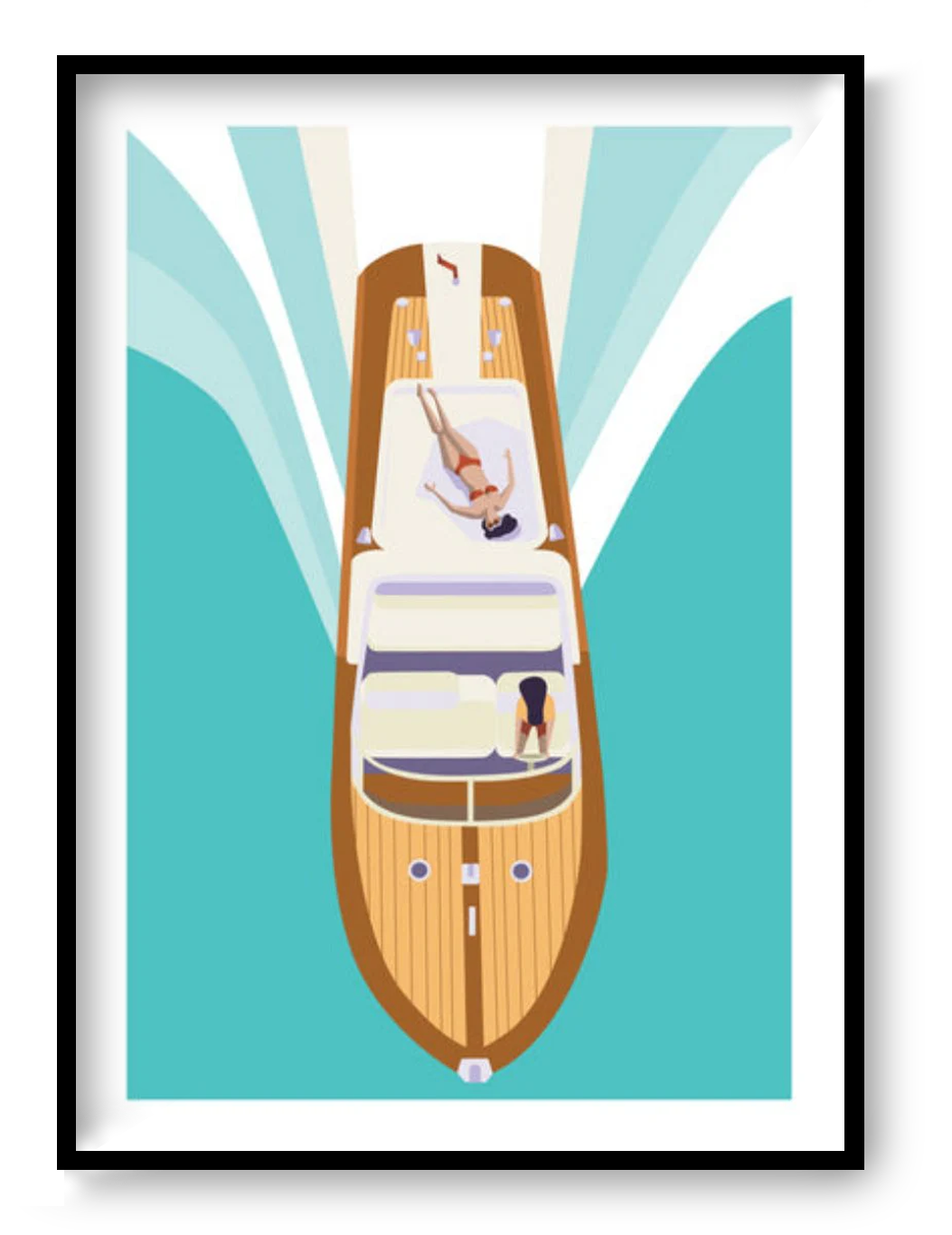Girls Just Wanna Have Fun art print by Floor 4 Productions showing a minimalist summer boat scene with two women enjoying the sea.