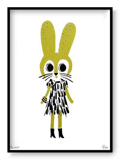 Plumo “Fancy Rabbit” A5 hand-pulled screenprint in mustard/golden yellow, cute rabbit illustration with oversized eyes, textured ink and black dress, limited edition handmade Belgian print for nursery decor and playful gallery walls