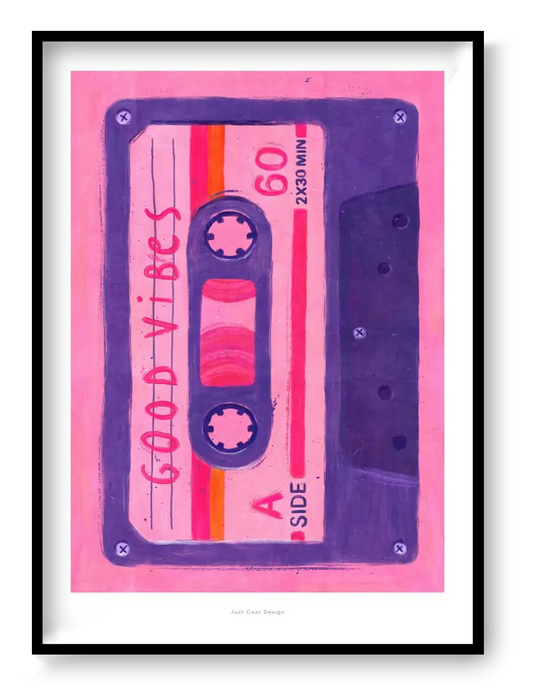 Retro cassette tape illustration in pink and purple tones, Good Vibes Cassette art print by Just Cool Design, A4 giclée print on matte paper.