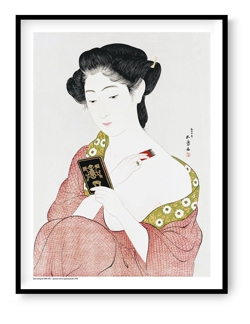 Japanese woman applying face powder in a red patterned kimono by Goyō Hashiguchi, vertical Japanese digital art print in soft red, green, black and cream tones for elegant wall decor.