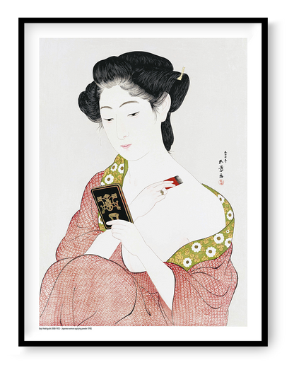 Japanese woman applying face powder in a red patterned kimono by Goyō Hashiguchi, vertical Japanese digital art print in soft red, green, black and cream tones for elegant wall decor.