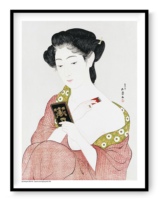 Japanese woman applying face powder in a red patterned kimono by Goyō Hashiguchi, vertical Japanese digital art print in soft red, green, black and cream tones for elegant wall decor.