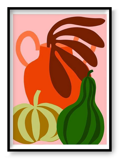 Colorful still life illustration with green pumpkin and warm tones, Green Pumpkin art print by Teresa Rego, modern A3 wall art.