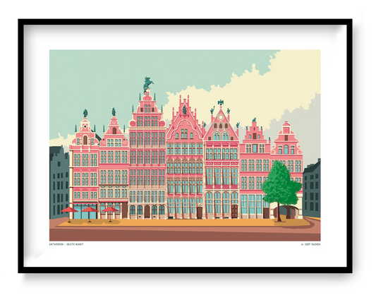 Grote Markt Antwerp illustration with historic guild houses in a colorful graphic style, architectural art print by Studio Frits
