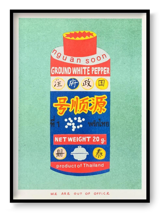 Ground white pepper spice jar risograph illustration in bold colors, food art print by We Are Out Of  Office