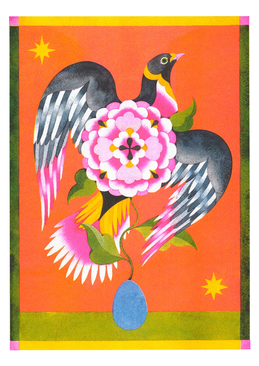 Colorful vertical risograph print by Lou Benesch featuring a black bird with outstretched wings around a large pink flower, with orange, yellow, green and blue tones, ideal as playful wall art.