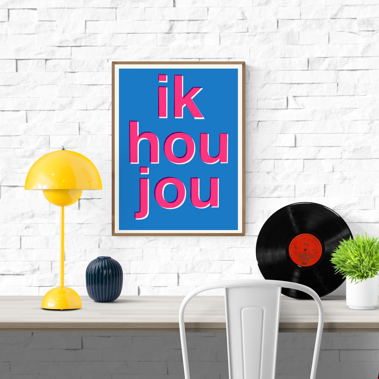 “Ik hou jou” art print by Dutch duo Gumbootz, bold 30×40 cm poster in bright blue and fluorescent pink, modern typographic design, vibrant Dutch illustration perfect for colourful home decor.
