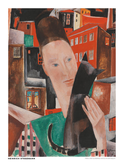 Portrait-oriented digital art print of Woman and Black Cat at Night by Heinrich Stegemann, showing a woman holding a black cat against an expressionist cityscape in red, brown, and green. Distinctive wall art for a living room.