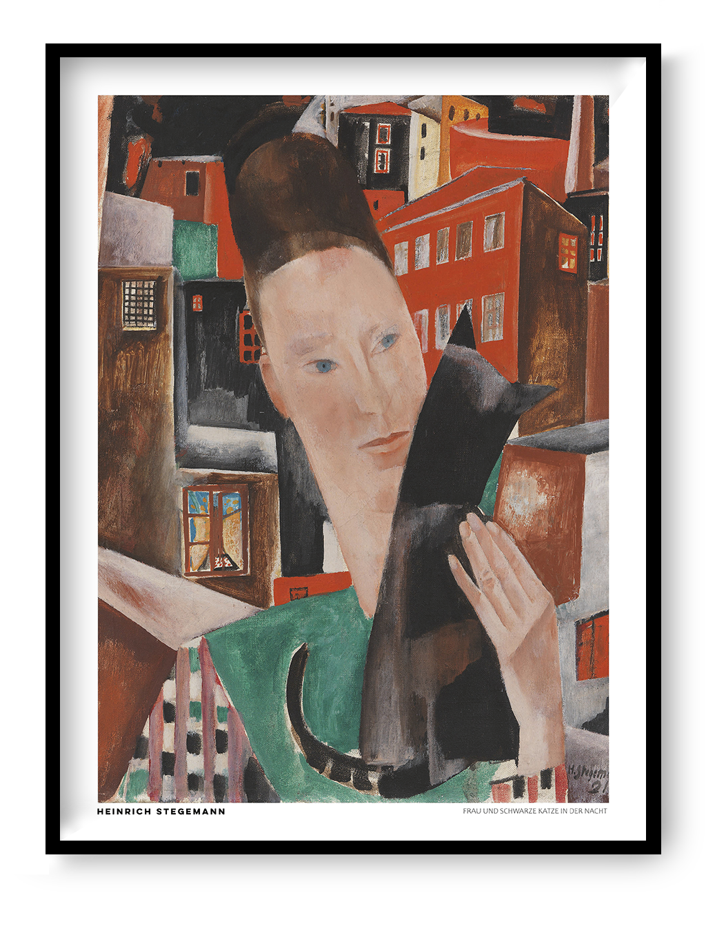 Portrait-oriented digital art print of Woman and Black Cat at Night by Heinrich Stegemann, showing a woman holding a black cat against an expressionist cityscape in red, brown, and green. Distinctive wall art for a living room.
