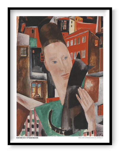 Portrait-oriented digital art print of Woman and Black Cat at Night by Heinrich Stegemann, showing a woman holding a black cat against an expressionist cityscape in red, brown, and green. Distinctive wall art for a living room.