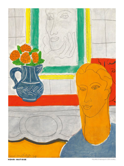 Portrait-oriented digital art print of Henri Matisse's Figure et Bouquet (Tête Ocre), featuring an ochre-colored figure, orange flowers in a blue vase, and green and yellow accents. Colorful modernist wall art.