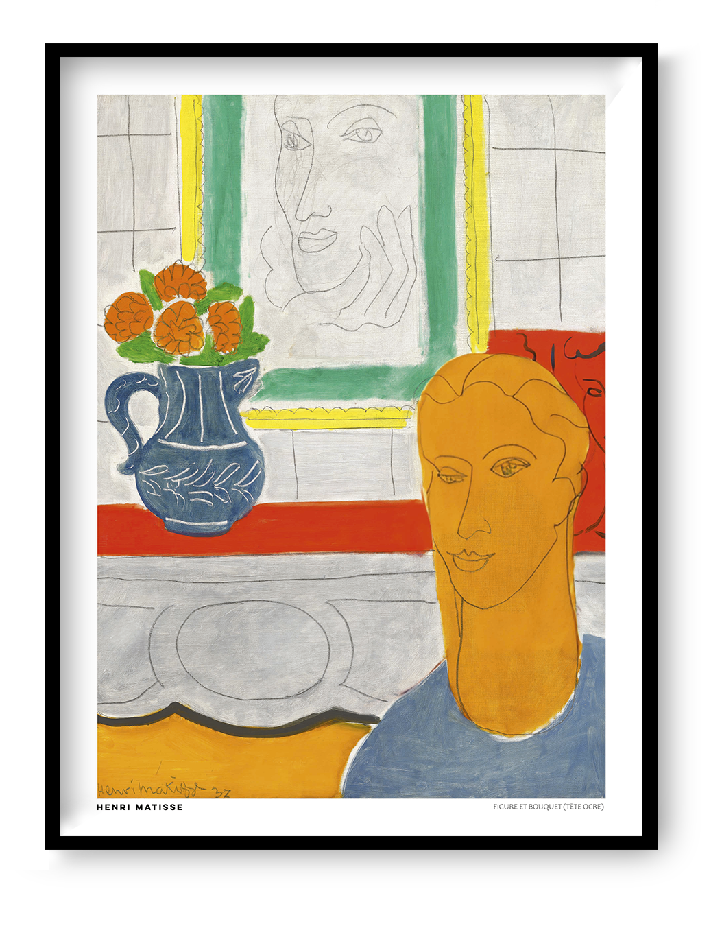 Portrait-oriented digital art print of Henri Matisse's Figure et Bouquet (Tête Ocre), featuring an ochre-colored figure, orange flowers in a blue vase, and green and yellow accents. Colorful modernist wall art.