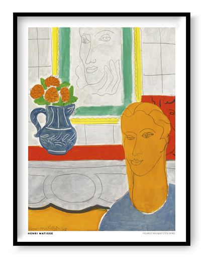Portrait-oriented digital art print of Henri Matisse's Figure et Bouquet (Tête Ocre), featuring an ochre-colored figure, orange flowers in a blue vase, and green and yellow accents. Colorful modernist wall art.