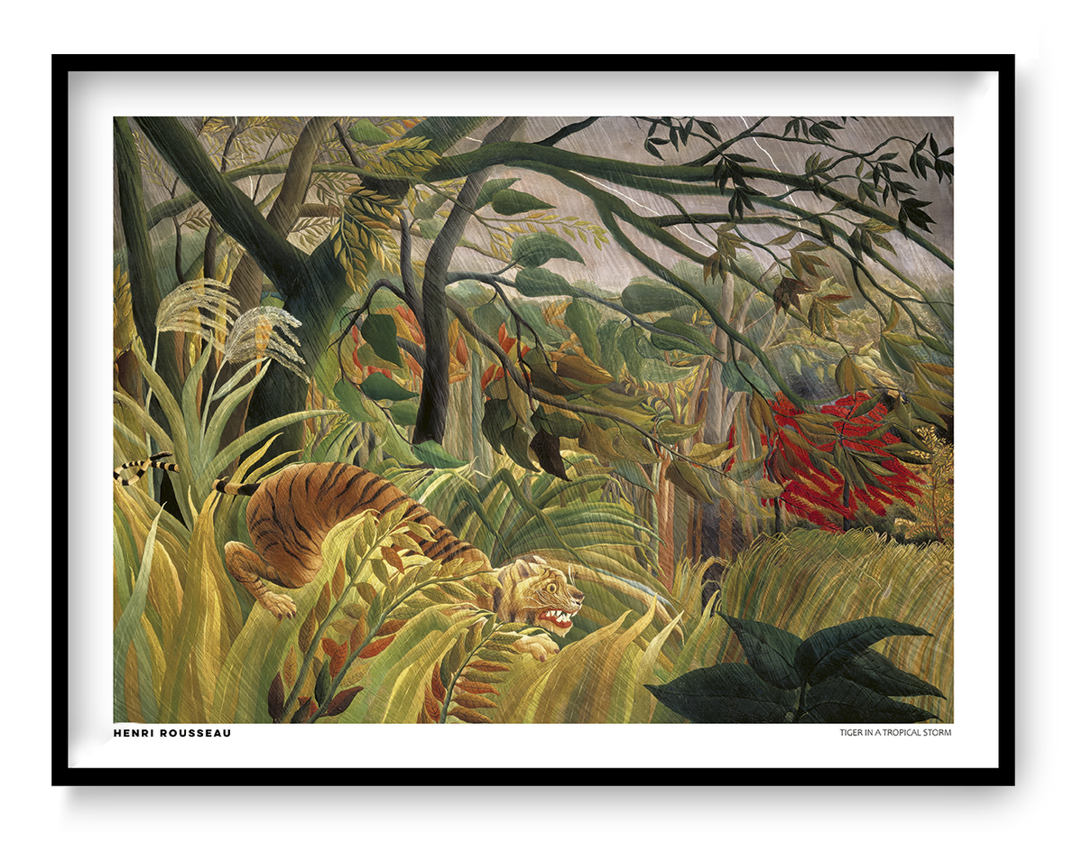 Henri Rousseau's Tiger in a Tropical Storm, a horizontal naïve-style jungle painting with a crouching orange tiger, lush green foliage, golden grasses and red tropical leaves. Digital wall art print for home decor.