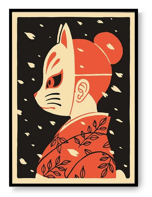 Japanese-inspired art print with fox mask and falling petals, Hanami by Yeaaah! Studio, minimalist graphic wall art 50x70 cm