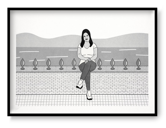 Risograph art print titled “Happy” by Studio Stoutpoep, A2 contemporary monochrome illustration featuring a seated woman in a graphic minimalist style, printed with eco-friendly soy-based inks, modern statement wall art for design interiors.