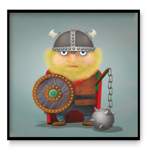 Playful Viking character illustration with helmet and shield, Harald the Viking by Studio Frits, 30x30 cm graphic wall art print