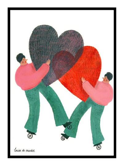 Contemporary illustration art print by Louise de Meester featuring expressive characters and bold heart shapes in a playful modern style.