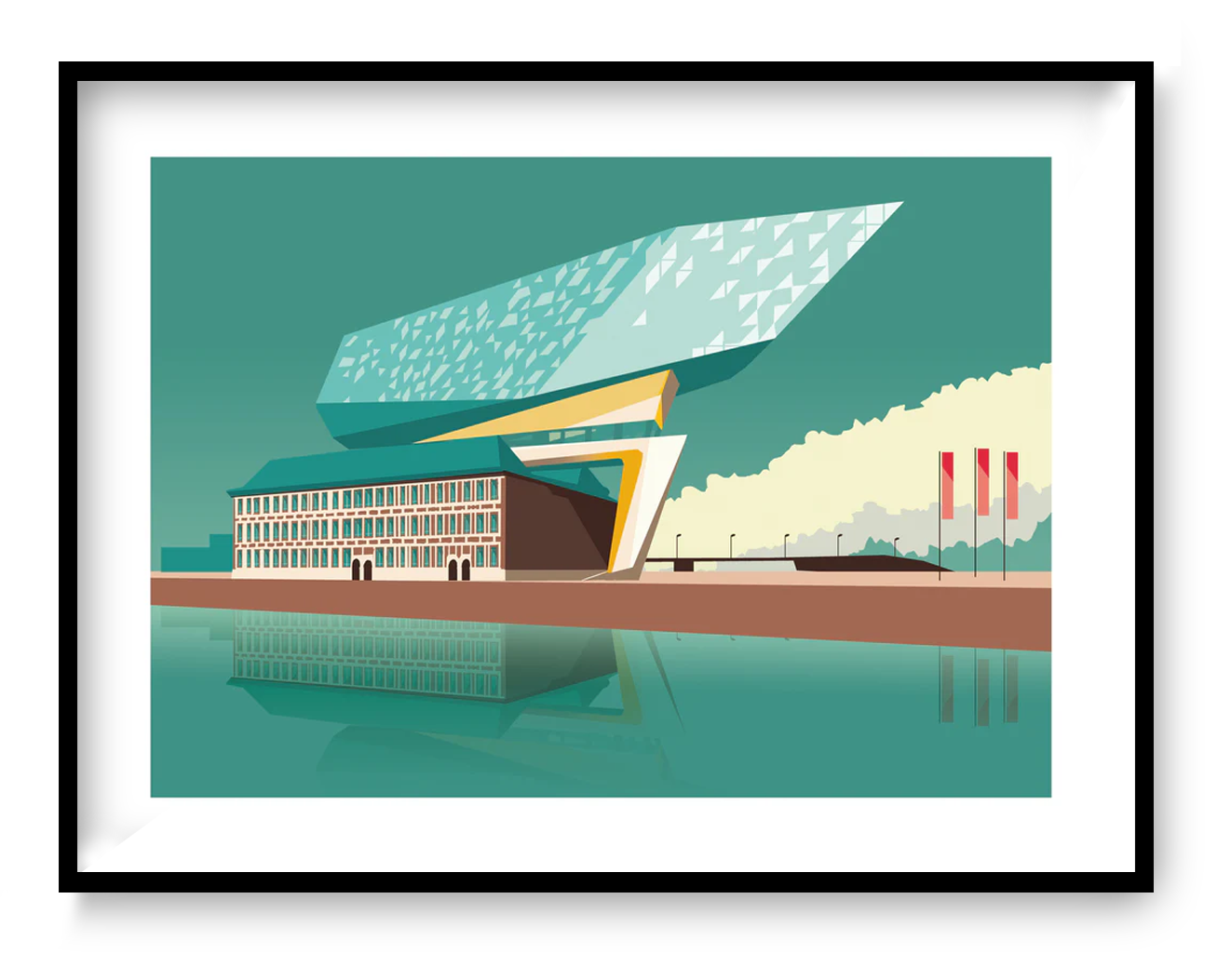 Architectural illustration of the Havenhuis in Antwerp by Studio Frits, modern city art print with clean lines and contemporary Belgian design