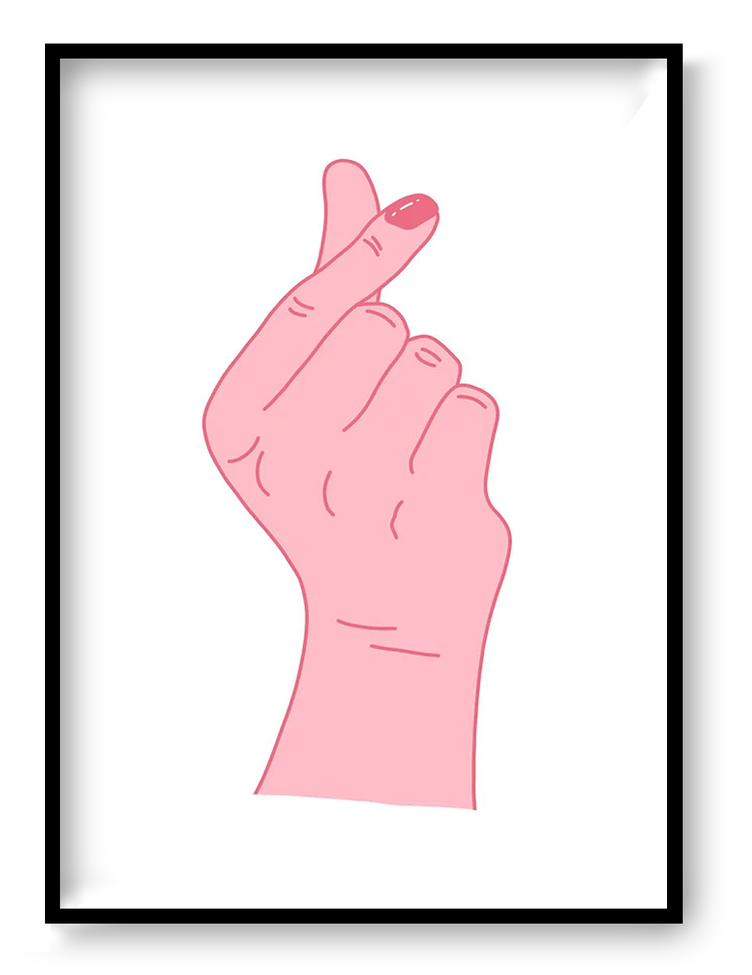 Minimalist screenprint of a hand making a finger heart gesture by Studio Stoutpoep, modern pop art print in pink tones, limited edition Belgian illustration