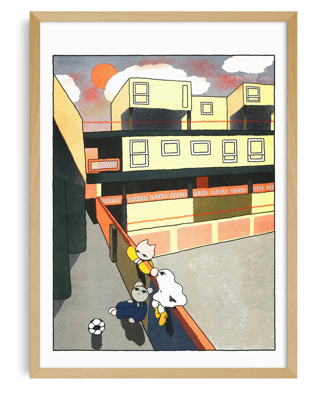 Colorful risograph print Estate Hang by Hel Covell showing three playful characters and a soccer ball in a modern urban courtyard at sunset, with geometric buildings and warm orange light — a nostalgic and tender artwork celebrating friendship and everyday life.