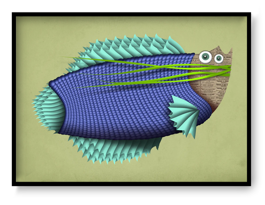 Playful fish illustration art print by Studio Frits, quirky character design with bold textures and humor, modern Belgian illustration wall art