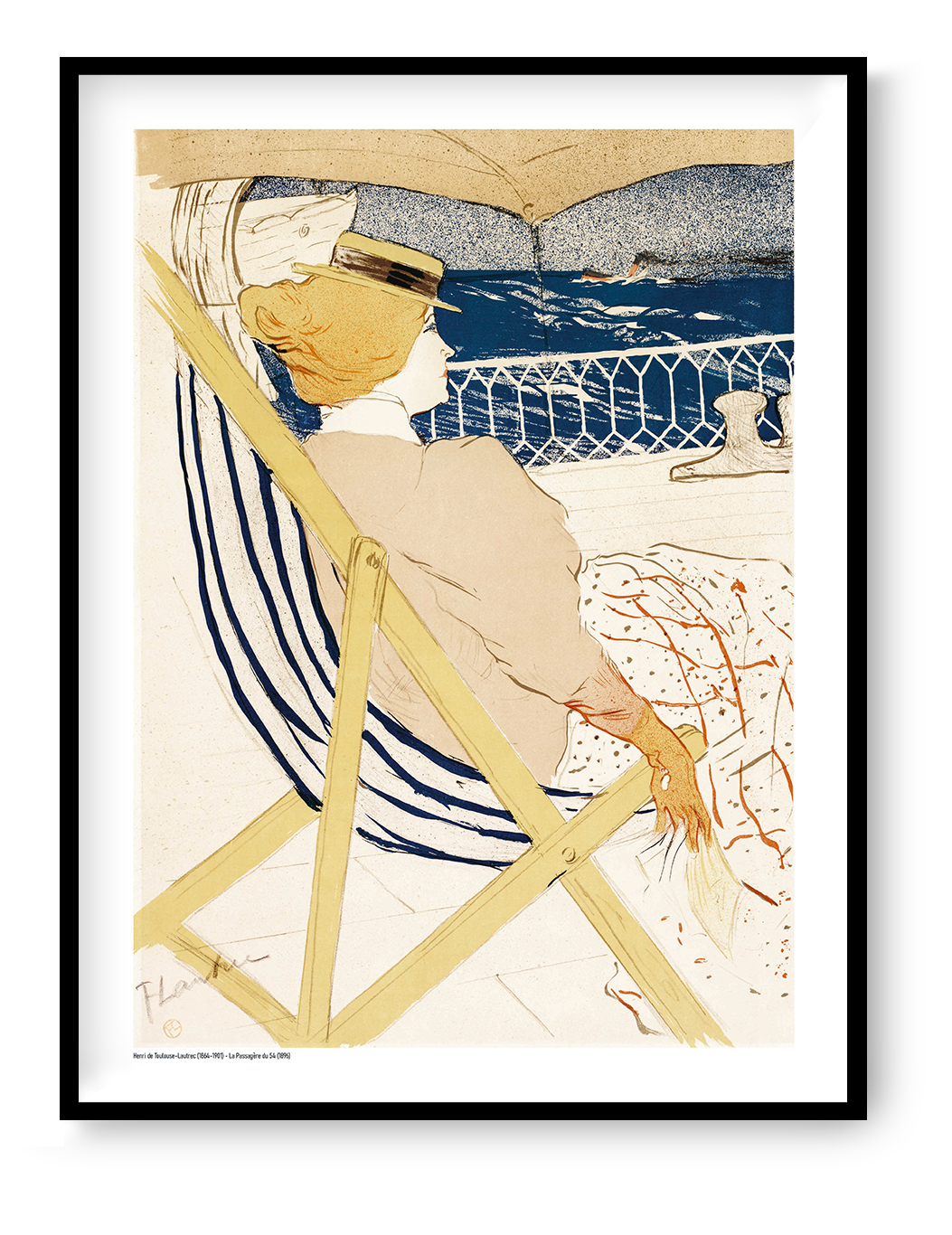 Henri Toulouse-Lautrec’s La Passagère du 54 showing a woman relaxing on a ship deck in blue, cream, yellow and orange, vertical digital print for vintage-inspired wall decor.