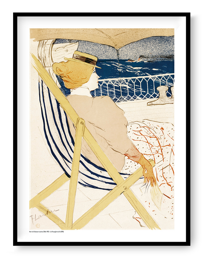 Henri Toulouse-Lautrec’s La Passagère du 54 showing a woman relaxing on a ship deck in blue, cream, yellow and orange, vertical digital print for vintage-inspired wall decor.
