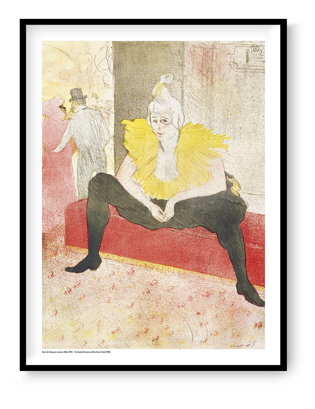 The Seated Clown by Henri Toulouse-Lautrec, vertical digital art print showing Miss Cha-u-Kan seated in black with a bright yellow collar, red bench and soft Belle Époque tones, ideal as expressive wall art.