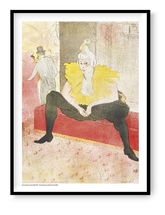 The Seated Clown by Henri Toulouse-Lautrec, vertical digital art print showing Miss Cha-u-Kan seated in black with a bright yellow collar, red bench and soft Belle Époque tones, ideal as expressive wall art.