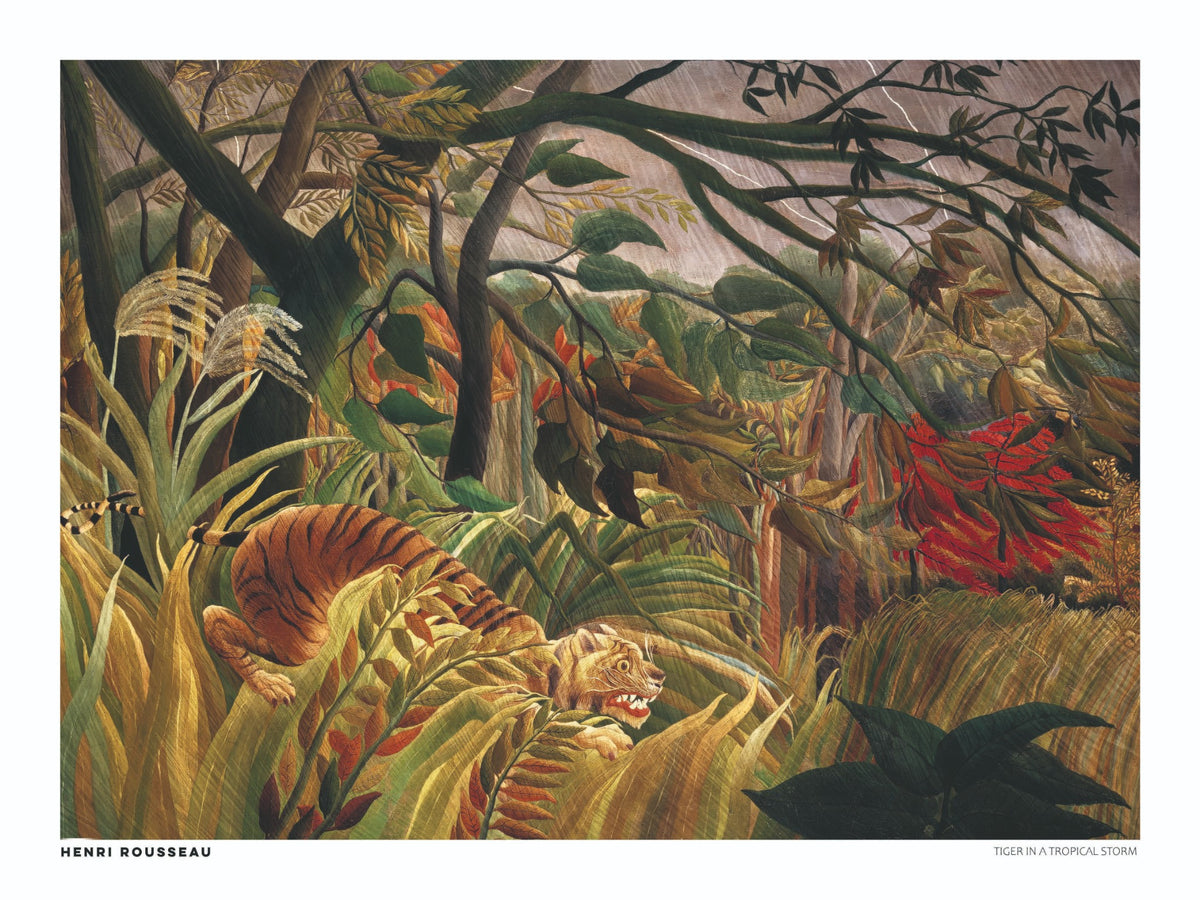 Henri Rousseau's Tiger in a Tropical Storm, a horizontal naïve-style jungle painting with a crouching orange tiger, lush green foliage, golden grasses and red tropical leaves. Digital wall art print for home decor.