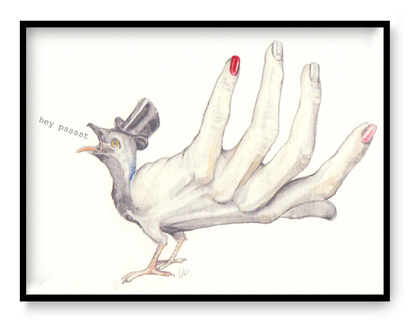 Surreal A6 art card by Belgian illustrator FAB showing a bird with a human hand tail, manicured nails and top hat, whimsical and poetic illustration