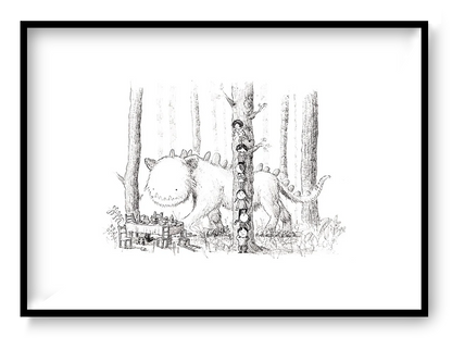 Black and white art print showing children hiding behind a tree while a friendly monster walks through a forest, illustrated by Willy Leung.