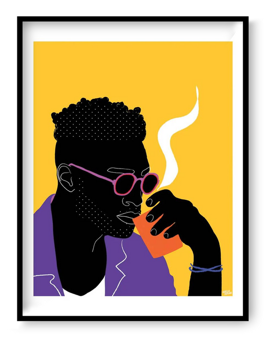 Colorful contemporary art print of a person wearing sunglasses and drinking from a cup, illustrated by Aurélia Durand in a bold graphic style.