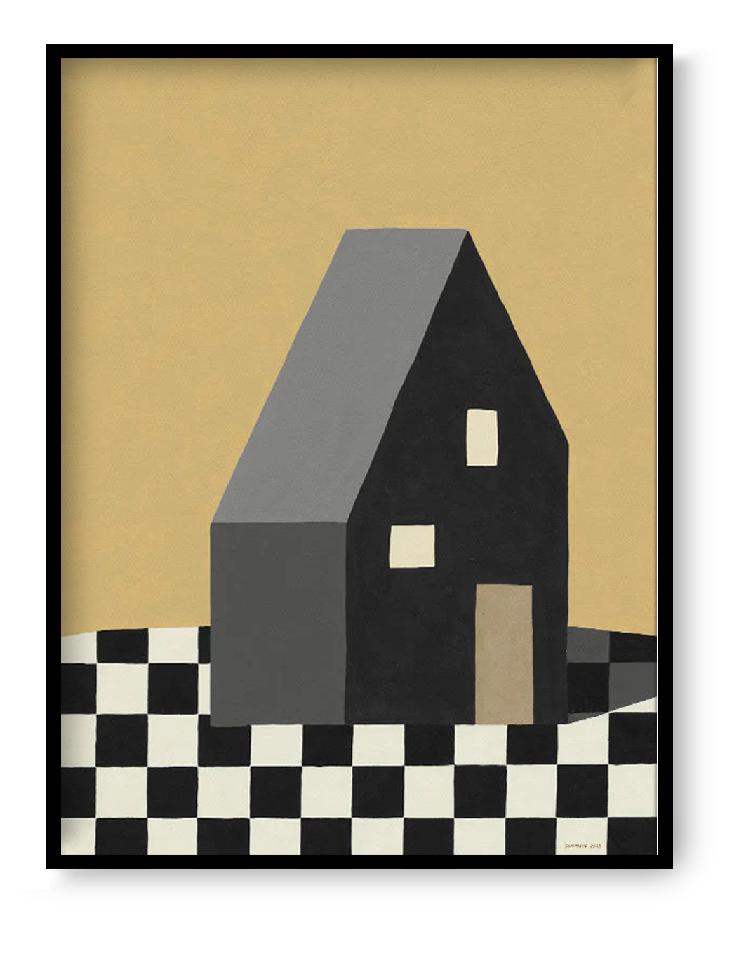 Minimalist architectural art print of a black house on a checkered floor, modern geometric illustration by MPGMB, contemporary wall art for Scandinavian and modern interiors.