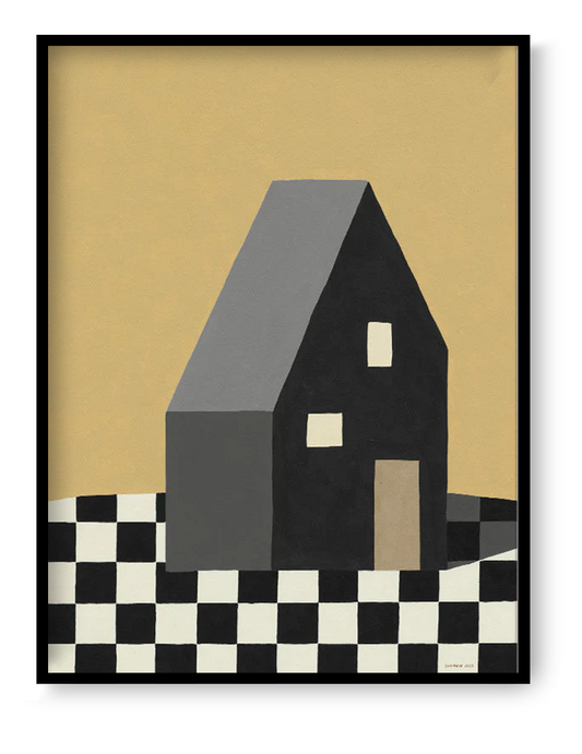 Minimalist architectural art print of a black house on a checkered floor, modern geometric illustration by MPGMB, contemporary wall art for Scandinavian and modern interiors.