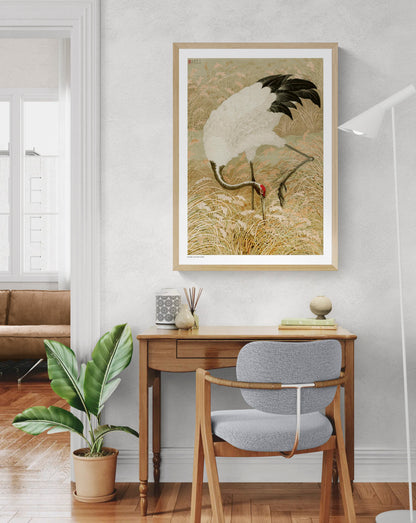 Sarus crane standing among tall rice grasses and flowering plants in muted beige, cream, black and coral tones, Japanese-inspired vertical digital art print for elegant wall decor.