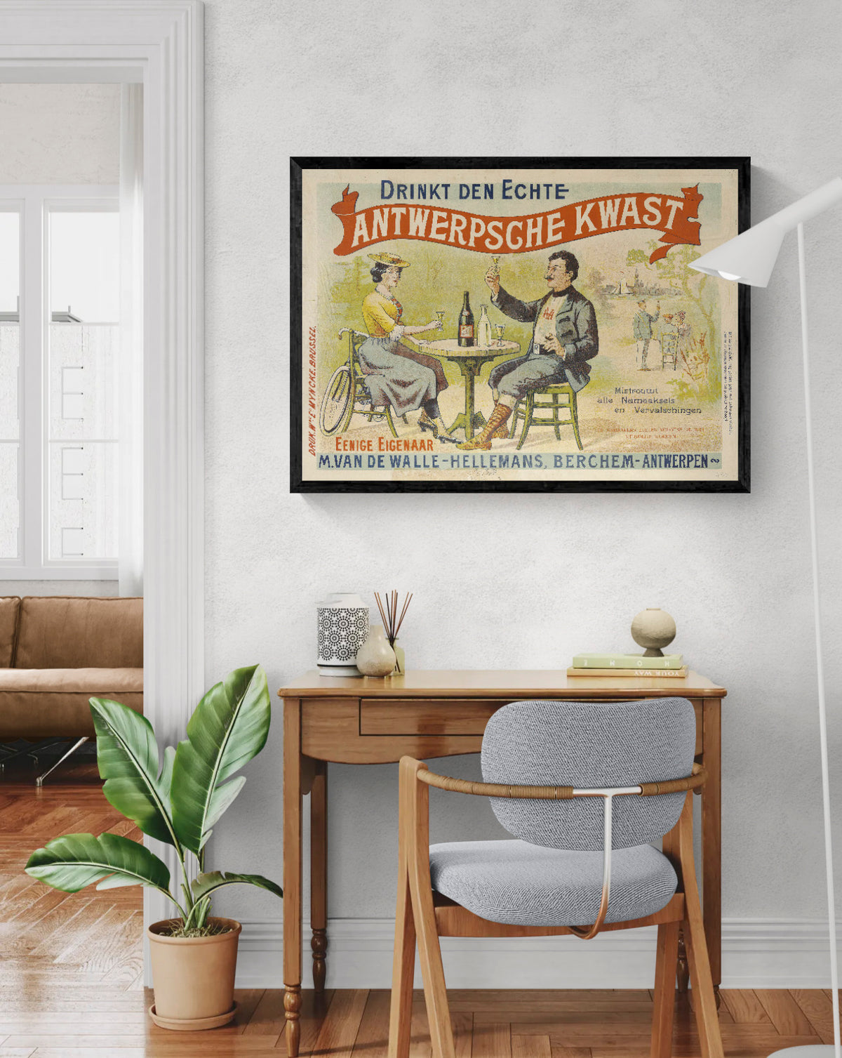 Vintage Antwerpse Kwast advertising poster by Léon Belloguet showing a man and woman drinking at a café table, with red, blue and yellow tones. Horizontal digital print for kitchen, dining room or vintage wall decor.