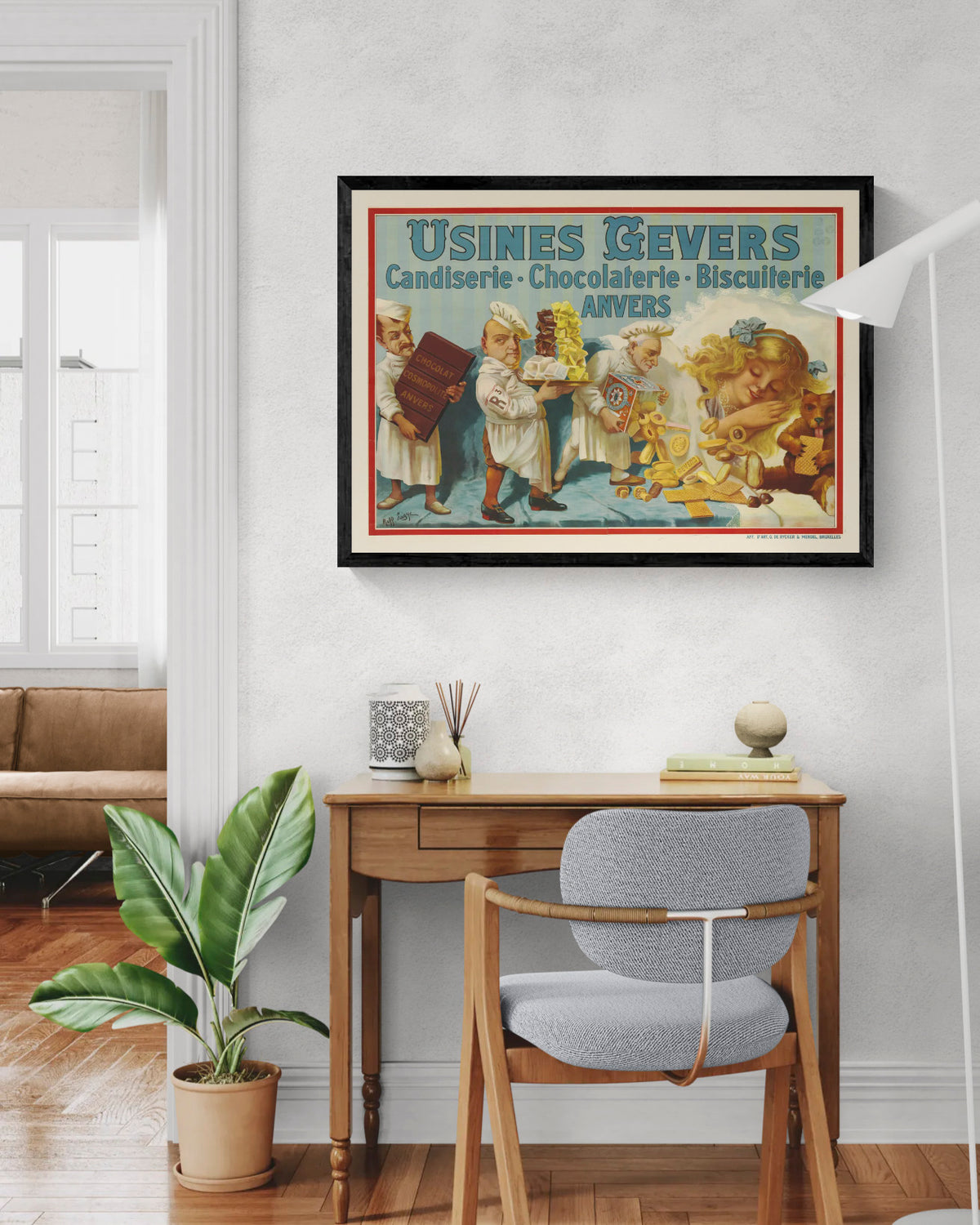 Vintage Chocolade Gevers advertising poster by Raff Lagye featuring Antwerp confectioners, chocolate, biscuits and bright red, blue and yellow tones in a horizontal digital print for kitchen or dining room wall art.