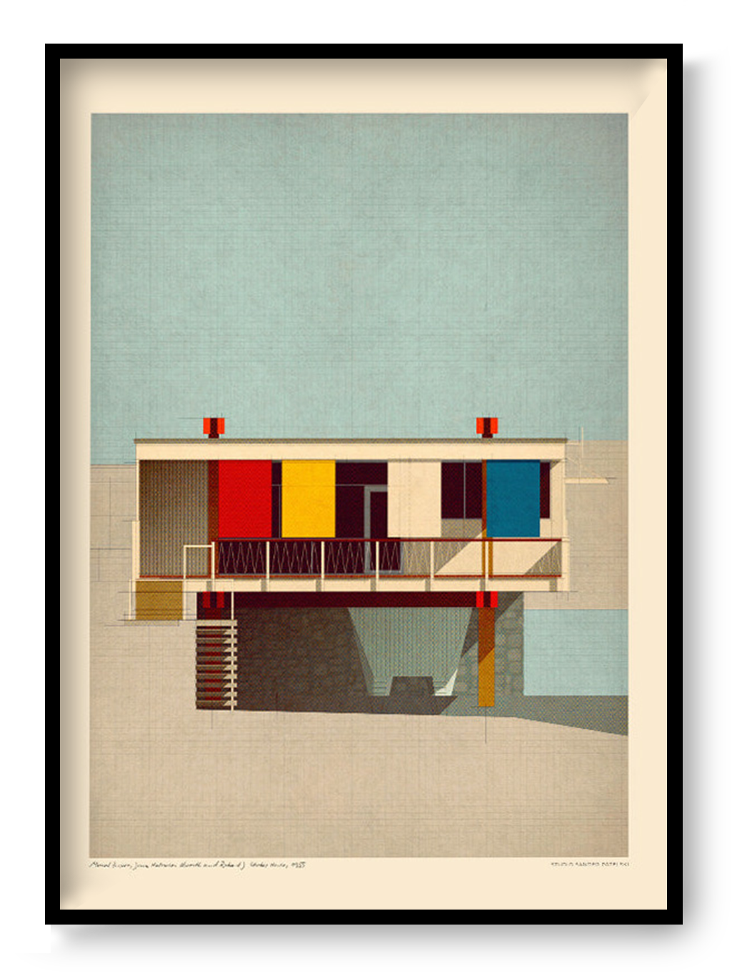 Mid-century modern architectural digital art print by Studio Sander Patelski, showing the Breuer, Beckhard, Alworth and Starkey House from 1955 with geometric shapes, warm textures, and vintage-inspired colours.