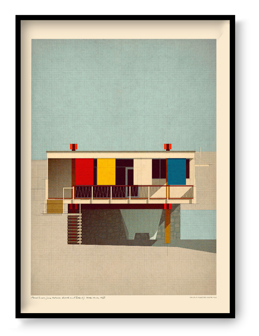 Mid-century modern architectural digital art print by Studio Sander Patelski, showing the Breuer, Beckhard, Alworth and Starkey House from 1955 with geometric shapes, warm textures, and vintage-inspired colours.