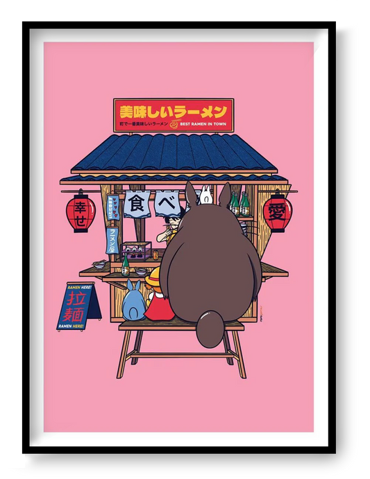 Anime-inspired illustration of a Totoro character eating ramen at a Japanese street food stand, colorful pop culture wall art by Rafa Gomes.