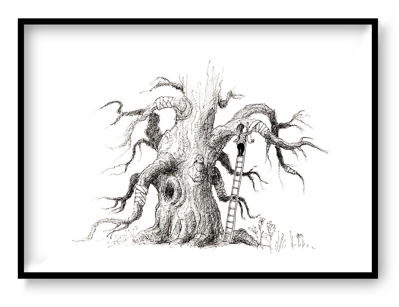 Black and white illustration of a wounded tree being cared for by a child, emotional art print by Willy Leung.