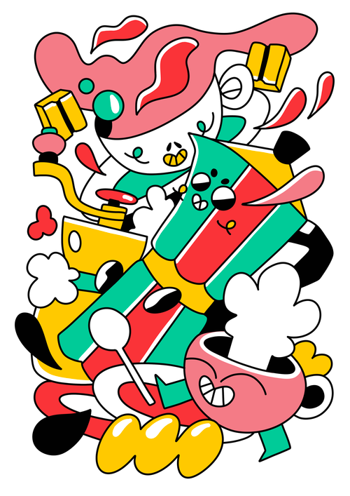 Colorful limited edition A3 risograph print titled “Coffee Rally” by Belgian artist Auwnanas, featuring playful cartoon characters, bold red, yellow, green and black shapes, dynamic coffee-themed elements, and energetic movement; modern quirky wall art for design lovers.