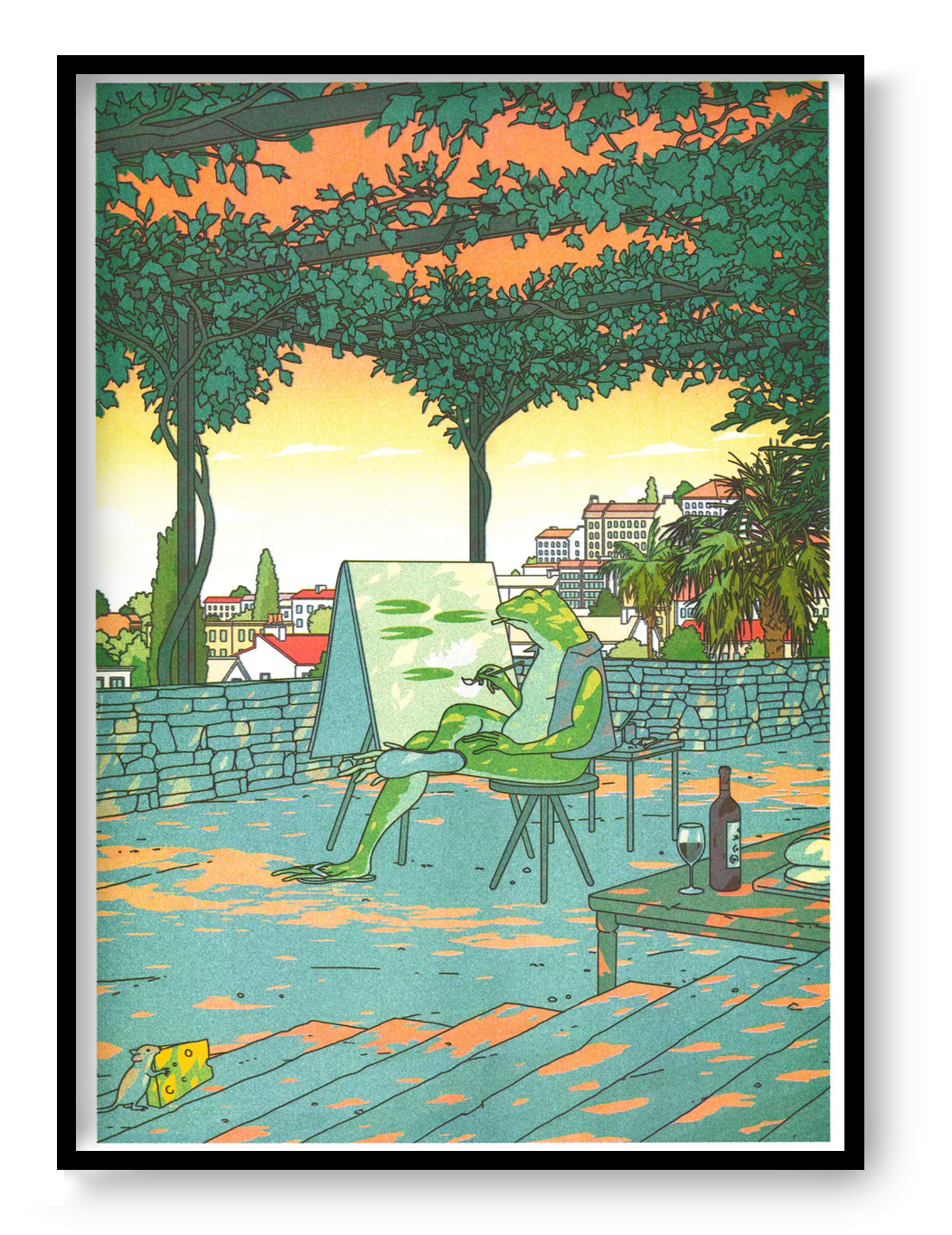 A3 risograph art print by Liam Cobb showing a surreal green frog painting outdoors under trees with a wine bottle and glass on a table, calm poetic contemporary wall art.