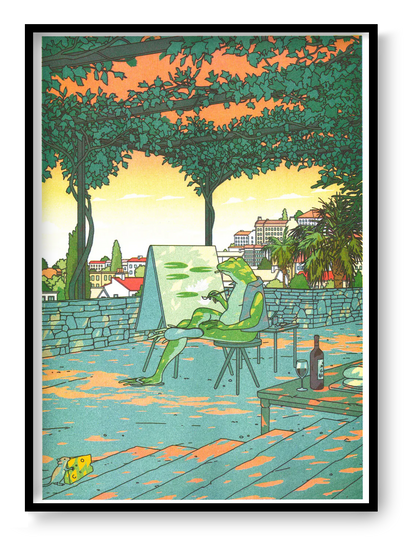 A3 risograph art print by Liam Cobb showing a surreal green frog painting outdoors under trees with a wine bottle and glass on a table, calm poetic contemporary wall art.