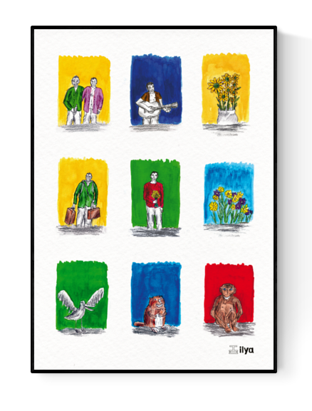 Colorful A3 illustration titled “De vrolijke bende” by Belgian artist Ilia Claus, showing nine playful vignettes with people, animals, and flowers in bright watercolor blocks. Printed on 140g paper and part of the 'Ecoline' series.