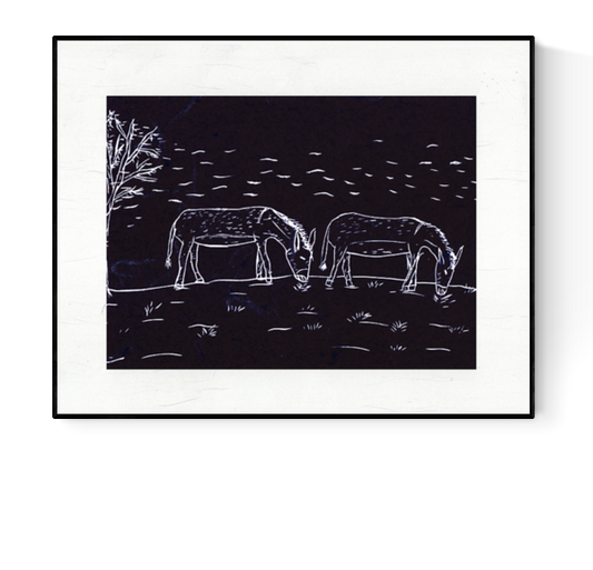 Handmade black-and-white linocut print "De Ezels" by Belgian artist Ilia Claus, featuring two donkeys grazing in a peaceful night landscape. Printed on high-quality paper, size 26.3 x 21.2 cm, unique handmade impression.