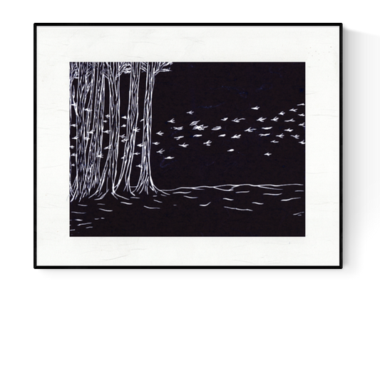 Black and white linocut print “Het Bos” by Belgian artist Ilia Claus, showing tall forest trees and a flock of birds in flight. Limited edition handmade artwork printed in Belgium, size 26.3 x 21.2 cm.
